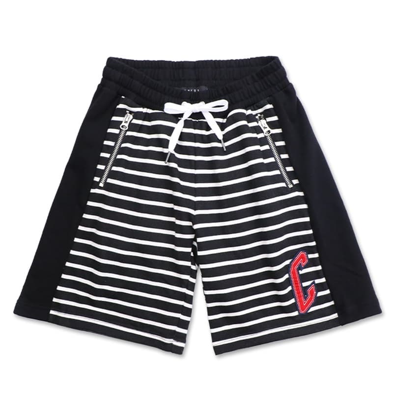 Black & White Striped Athletic Shorts with Varsity Patch
