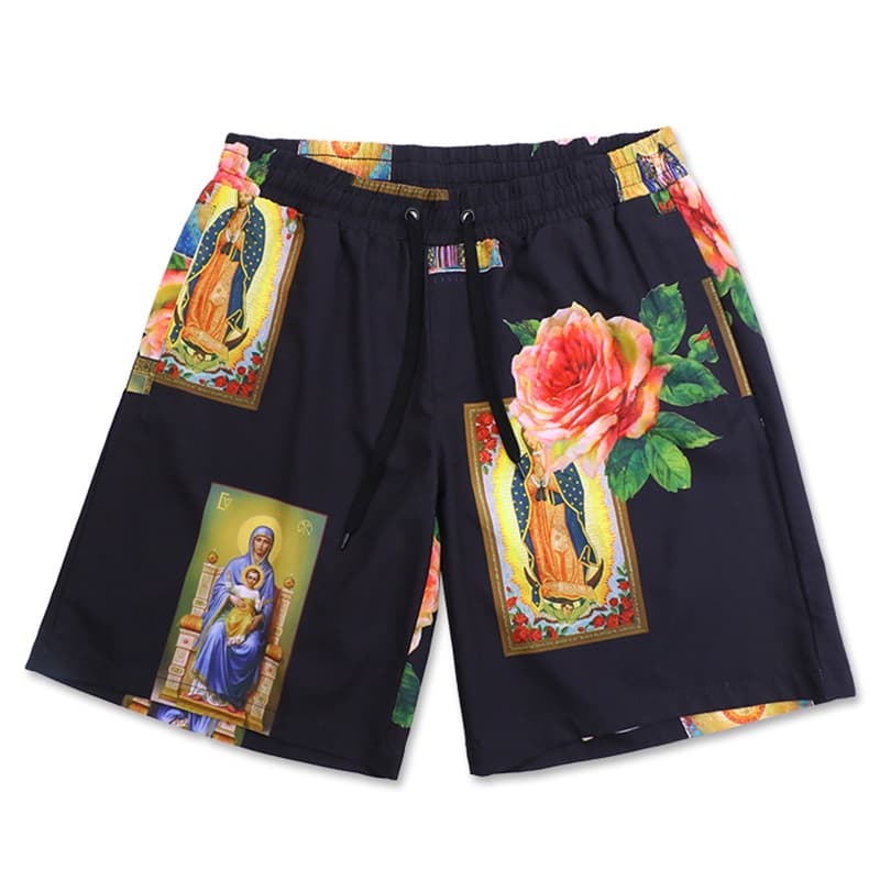 Dark Navy Floral & Icon Graphic Drawstring Shorts