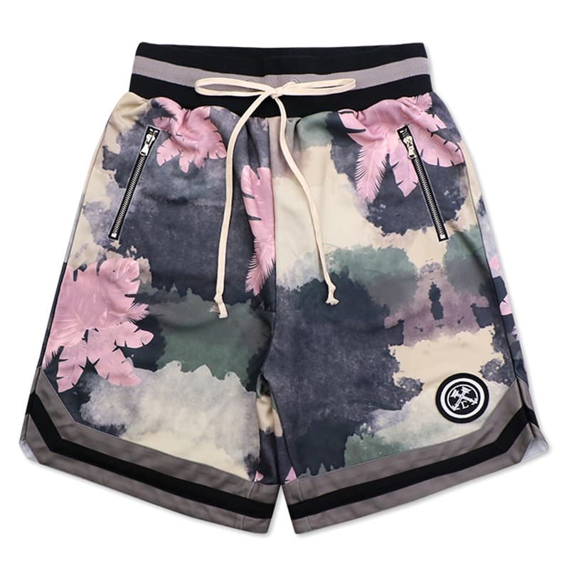 Tropical Leaf Print Drawstring Shorts with Zipper Pockets