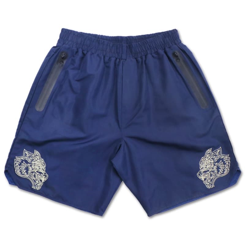 Navy Blue Athletic Shorts with Sealed Zipper Pockets and Graphic Print