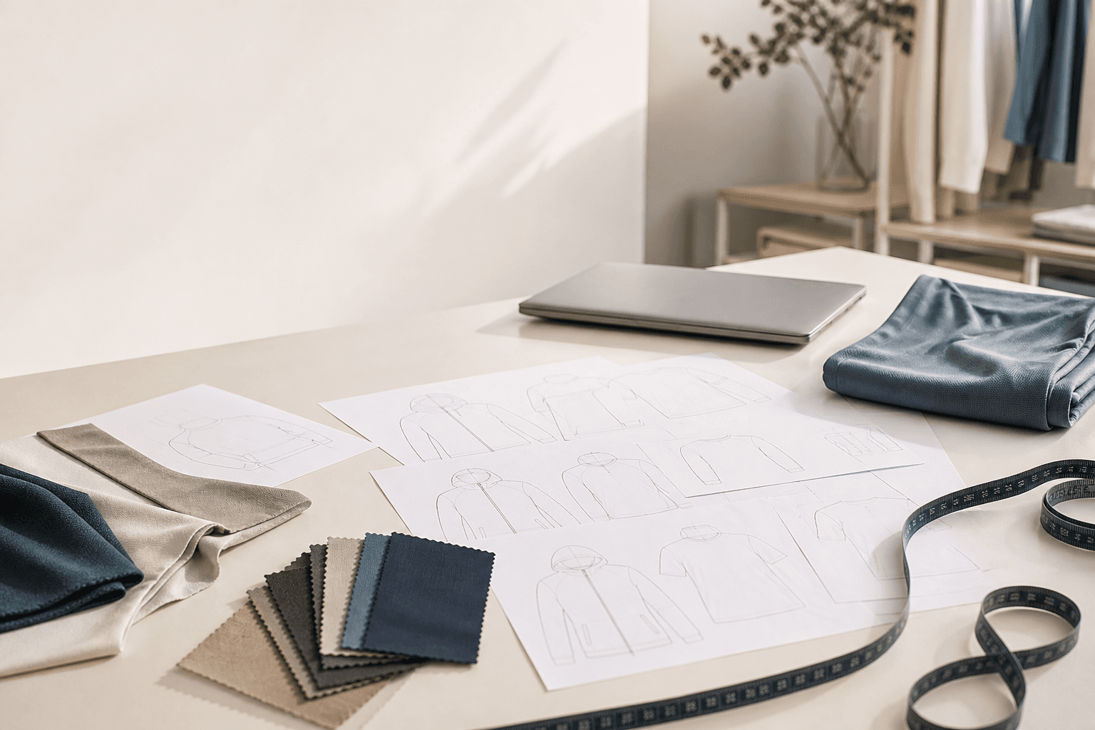 Apparel development table with garment sketches and fabric swatches